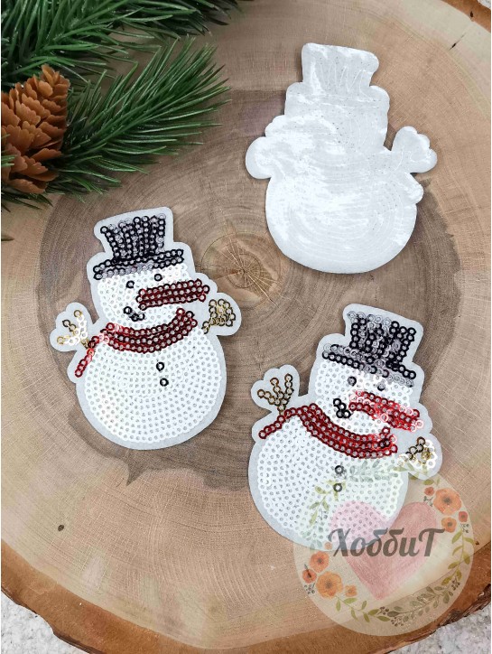 Термонаклейки на одежду с пайетками "Снеговик" 6,5*8см